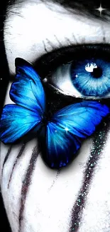 Surreal blue butterfly near a vibrant eye on wallpaper.