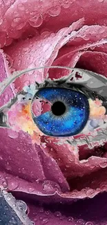 Surreal eye with galaxy iris on floral background.