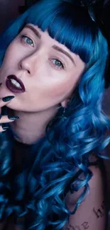 Gothic fashion wallpaper with vivid blue hair and elegant makeup style.