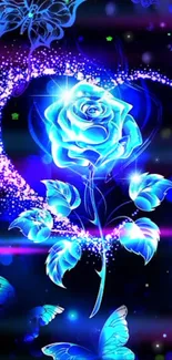 Vivid blue rose and butterflies with sparkling stars on a dark background.