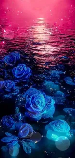 Vivid blue roses glowing under a pink sunset on a mobile wallpaper.