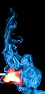 Blue smoke and flame on a match against a black background.