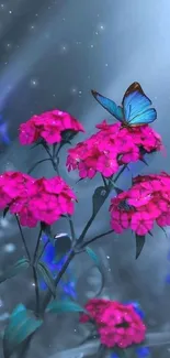 Blue butterfly perched on vibrant pink flowers against a serene backdrop.