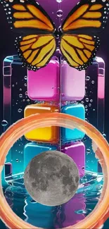 Butterfly and moon with colorful geometric design in vibrant wallpaper.