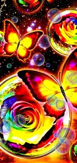 Vivid butterflies and colorful roses in a cosmic galaxy wallpaper.