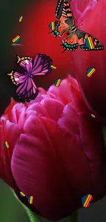 Vivid butterflies fluttering above vibrant pink tulips.