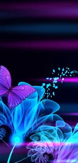 Vibrant butterfly with glowing flowers on a dark blue background.