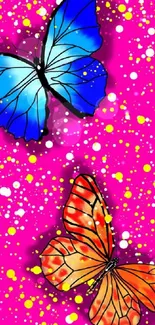 Colorful butterfly wallpaper with a pink background.