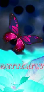 Vibrant butterfly in a surreal dreamscape with cyan leaves.