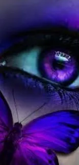 Vivid purple butterfly and eye wallpaper for mobile devices.