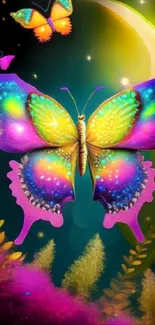 Vibrant neon butterfly with colorful wings and fantasy elements.