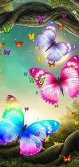 Three colorful butterflies in a mystical forest scene.