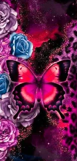 Vivid magenta butterfly and floral design wallpaper.