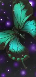 Teal butterfly in a cosmic galaxy setting wallpaper.