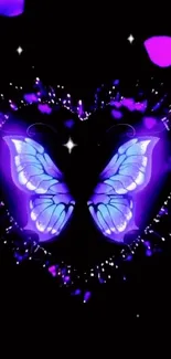 Vibrant butterfly heart with neon purple and blue glow on black background.