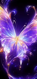 Vibrant butterfly with luminous colors on dark background.