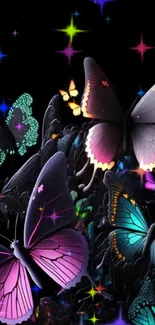 Vivid neon butterflies on dark background, perfect for mobile wallpaper.