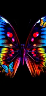 Colorful butterfly with vibrant wings on a black background, ideal phone wallpaper.