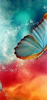 Vibrant wallpaper featuring a butterfly against a colorful sky background.