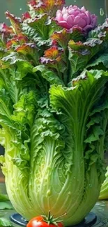 Large cabbage with vibrant leaves and tomatoes.