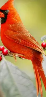 Vivid cardinal bird perched on a branch with red berries.