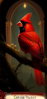 Vivid red cardinal in an enchanted forest scene.