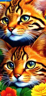 Two vibrant cats with colorful flowers in artistic wallpaper.