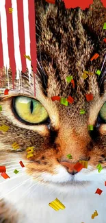 Close-up of a cat with green eyes and bold artistic elements.