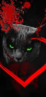 Cat with green eyes and red splashes on black background.