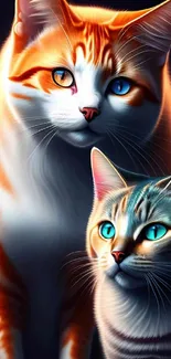 Two colorful cats with vivid orange and blue hues in a vibrant wallpaper design.