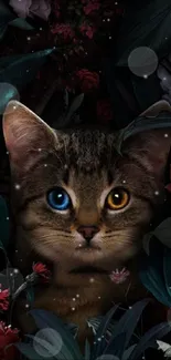 Cat with multicolored eyes in dark floral setting.
