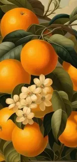 Artistic wallpaper featuring vivid oranges and lush green leaves.