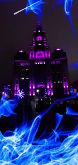 Vibrant cityscape with electric blue and purple night lights.