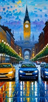 Vibrant cityscape with colorful reflections and cars under urban lights.