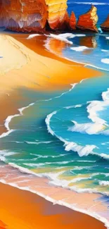 Vivid digital painting of a sunny beach with waves crashing.