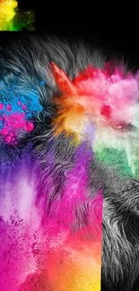 Vivid lion art with colorful splashes on a dark background.