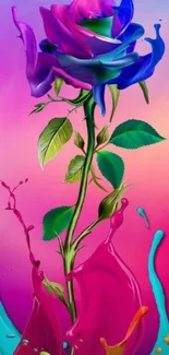 Vibrant colorful rose with splashes of pink and blue paint.