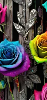 Colorful roses with silver leaves on a black background wall.