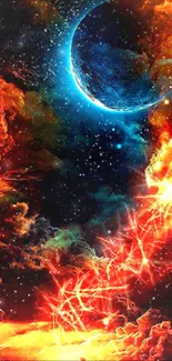 A vibrant cosmic abstract wallpaper with colorful nebulae and a celestial scene.