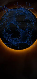 Cosmic abstract wallpaper with blue splash and orange glow.