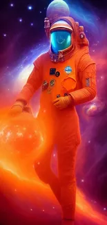 A vibrant astronaut in an orange suit in a cosmic space scene.