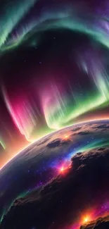 Colorful auroras over a distant planet with vivid celestial hues.