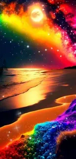 Vibrant cosmic beach sunset with colorful sky and ocean.