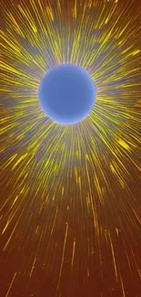 Vibrant cosmic burst wallpaper with blue orb and yellow rays on a brown background.