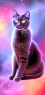 Vibrant cosmic cat amidst colorful nebula in galaxy wallpaper.