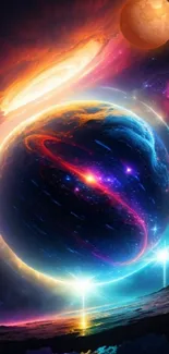 Colorful cosmic wallpaper with planets and vibrant energy swirls.