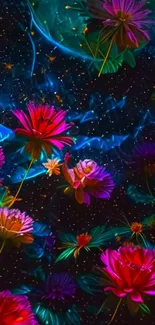 Vivid cosmic flowers with neon hues against a dark starry background.