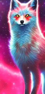 Vibrant cosmic fox with a neon glow and starry background.