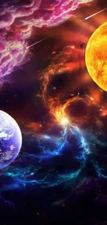 Colorful cosmic wallpaper with sun and earth in galaxy.