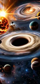 Dynamic cosmic galaxy with planets and nebulas in vivid colors.